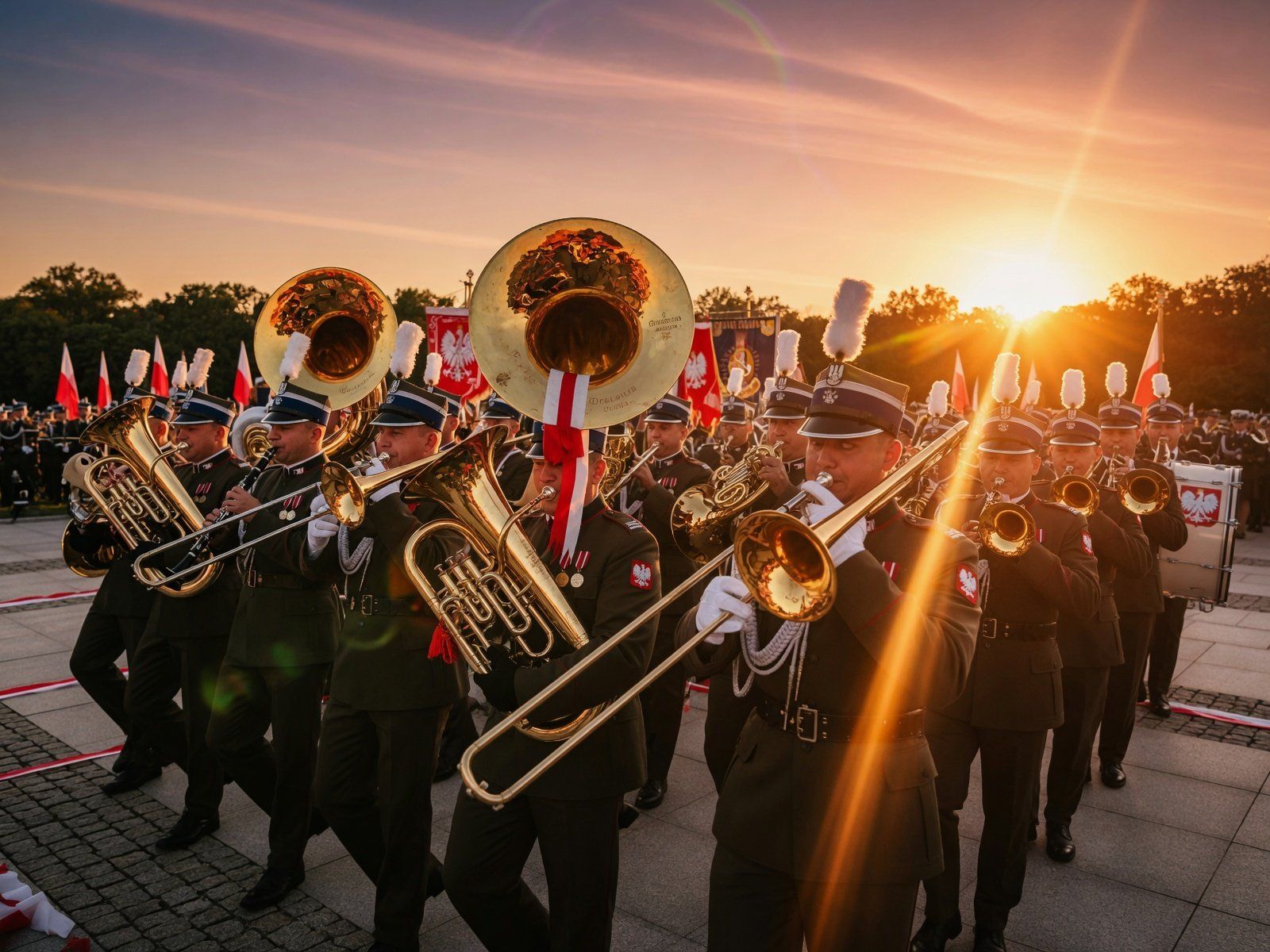 Polska orkiestra wojskowa o zachodzie słońca