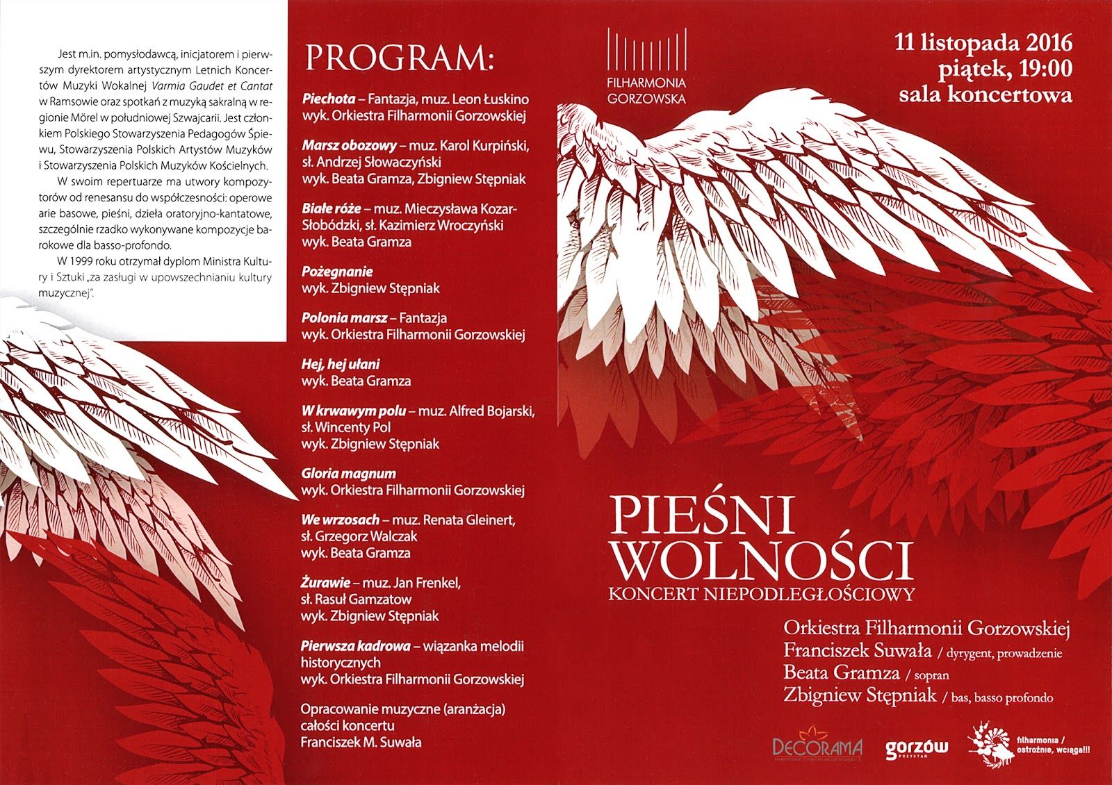 Program koncertu Pieśni Wolności — Filharmonia Gorzowska, 11 listopada 2016, strona pierwsza